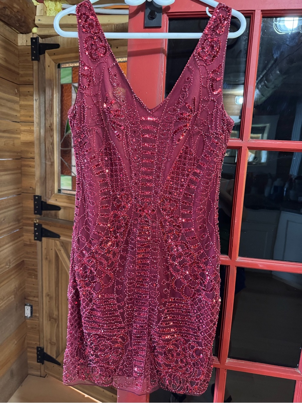 Molly Bracken Embellished V-Neck Prom Dress in Deep Rose